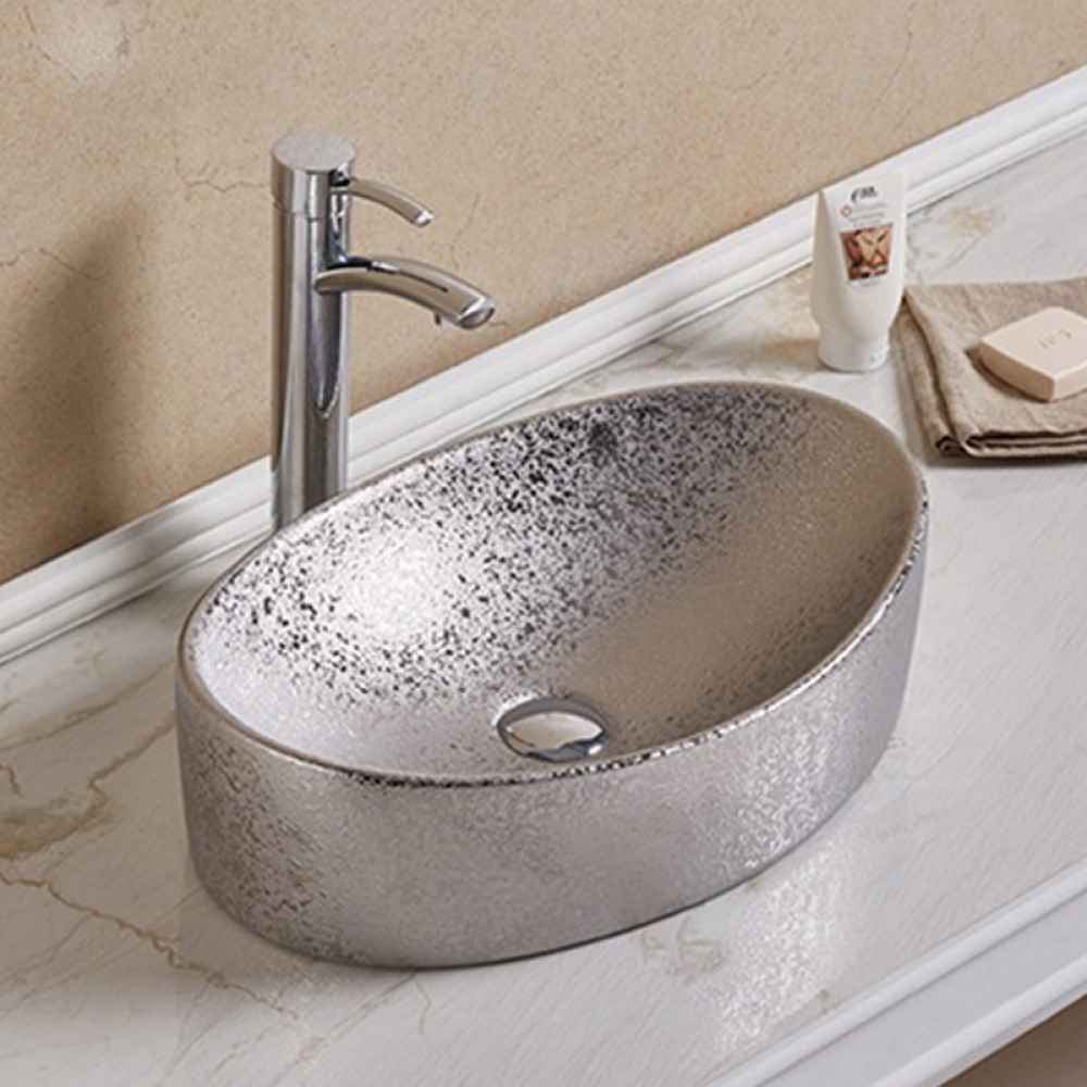 20.47-in. x 13.19-in. Oval Bathroom Vessel Sink Silver Enamel Glaze