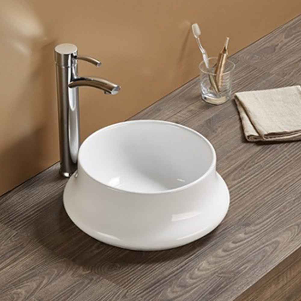 14.17-in. x 14.17-in. Round Bathroom Vessel Sink White Enamel Glaze