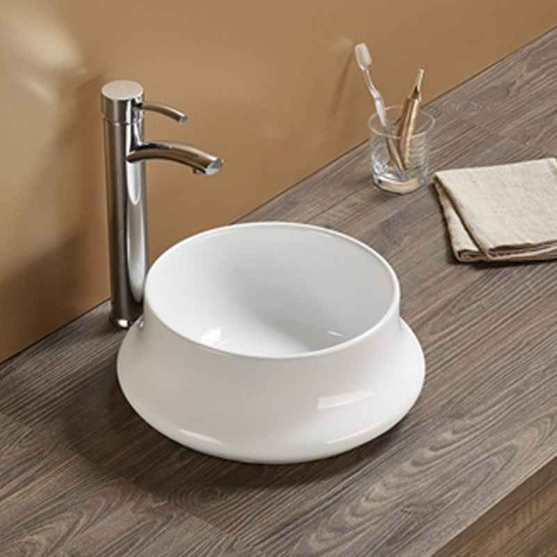 14.17-in. x 14.17-in. Round Bathroom Vessel Sink White Enamel Glaze