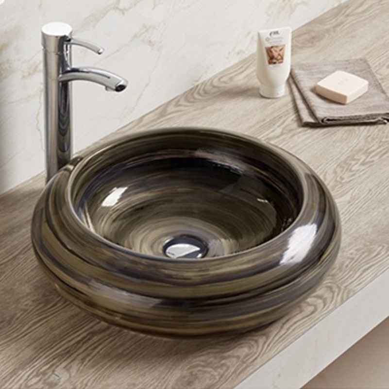 19.3-in. x 19.3-in. Round Bathroom Vessel Sink Black Swirl Enamel Glaze