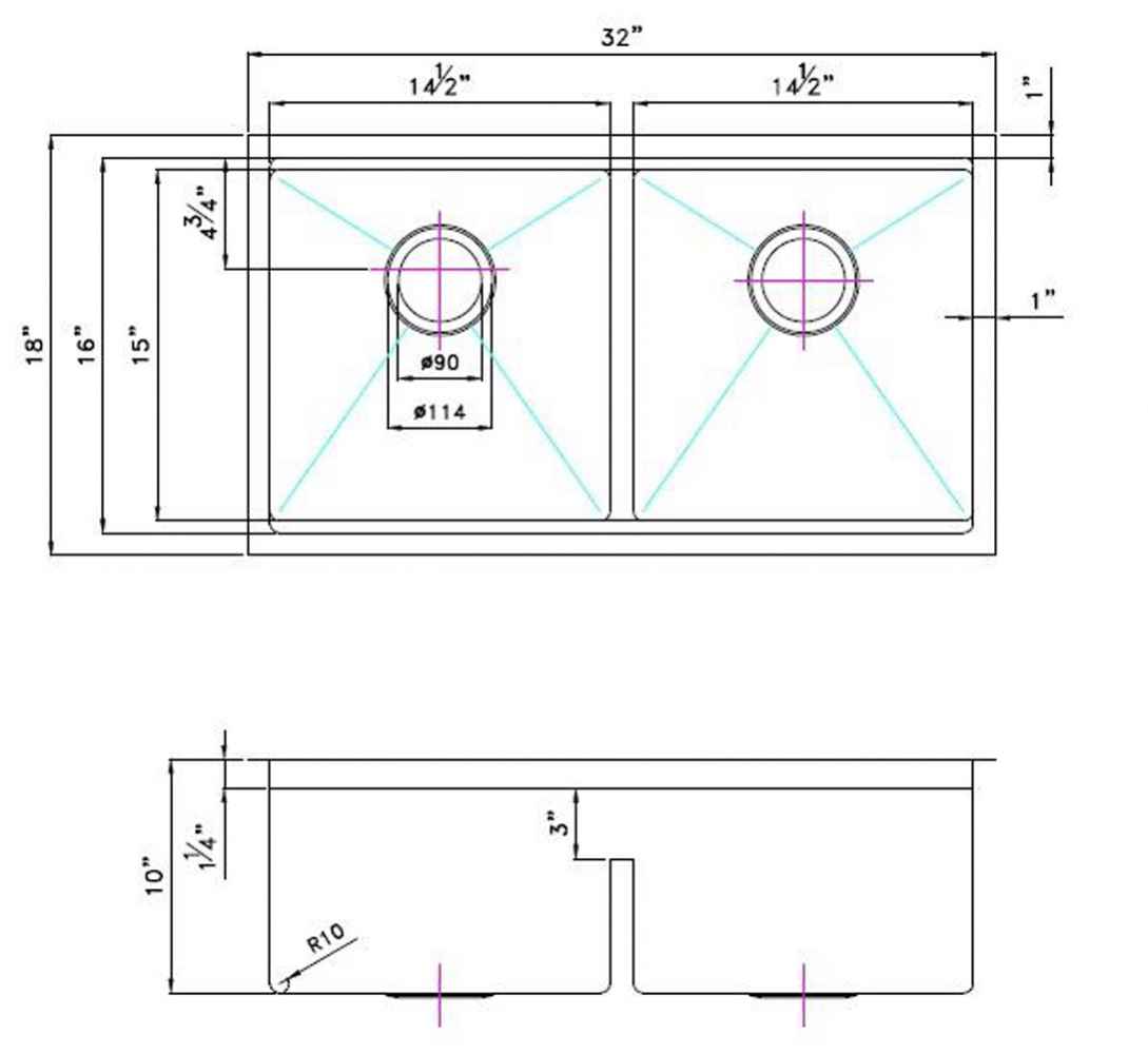 32-in. W CSA Approved Stainless Steel Kitchen Sink With 2 Bowl And 16 Gauge