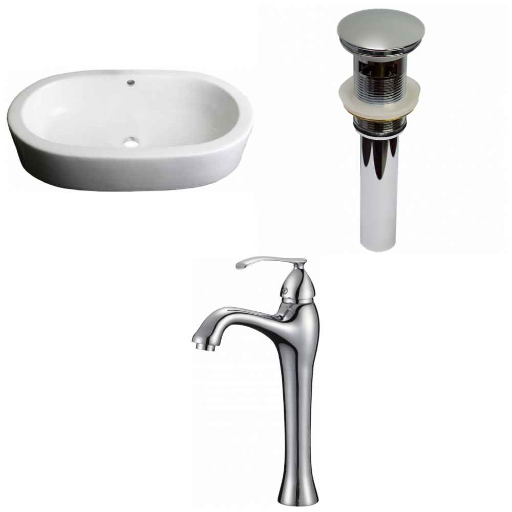 25.25-in. x 14.5-in. Oval Bathroom Vessel Sink Set White Enamel Glaze