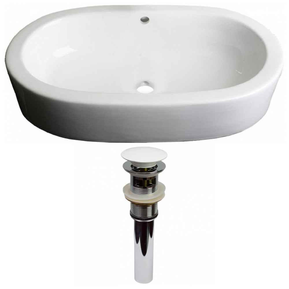 25.25-in. x 14.5-in. Oval Bathroom Vessel Sink Set White Enamel Glaze