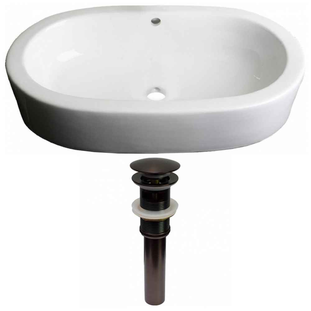 25.25-in. x 14.5-in. Oval Bathroom Vessel Sink Set White Enamel Glaze