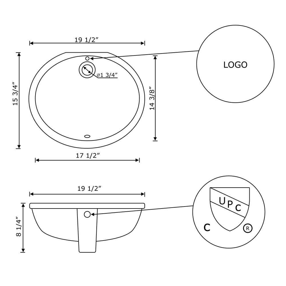 19.25-in. W CUPC Oval Bathroom Undermount Sink Set In White - Black Hardware - Overflow Drain Incl.