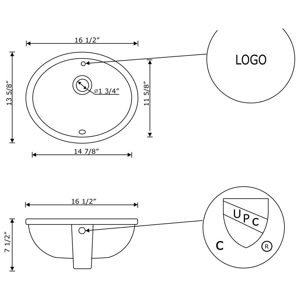 16.5-in. W CUPC Oval Bathroom Undermount Sink Set In White - Chrome Hardware - Overflow Drain Incl.