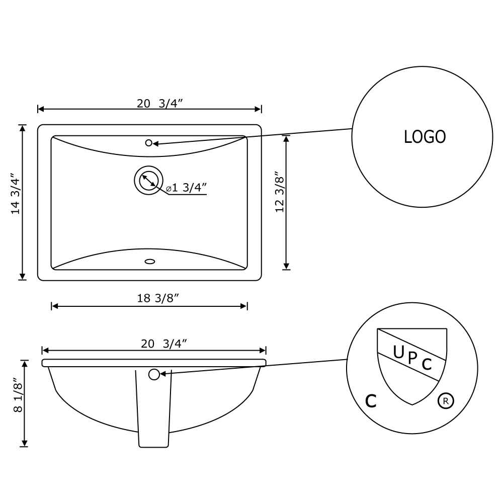 20.75-in. W CUPC Rectangle Bathroom Undermount Sink Set In White - Brushed Nickel Hardware - Overflow Drain Incl.