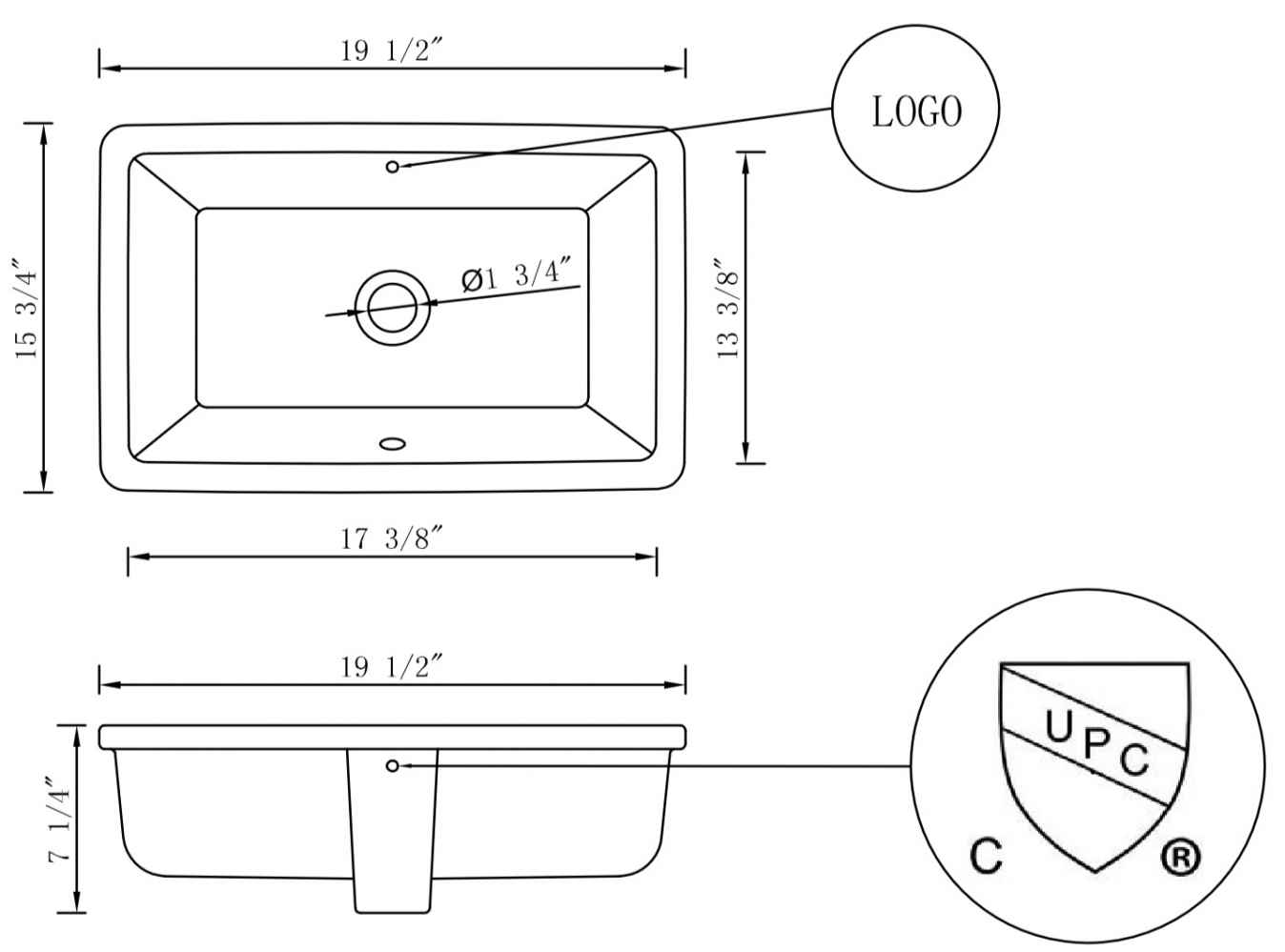 19.5-in. W CUPC Rectangle Bathroom Undermount Sink Set In White - White Hardware - Overflow Drain Incl.