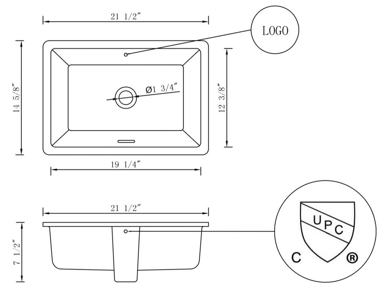 21.5-in. W CUPC Rectangle Bathroom Undermount Sink Set In White - Black Hardware - Overflow Drain Incl.