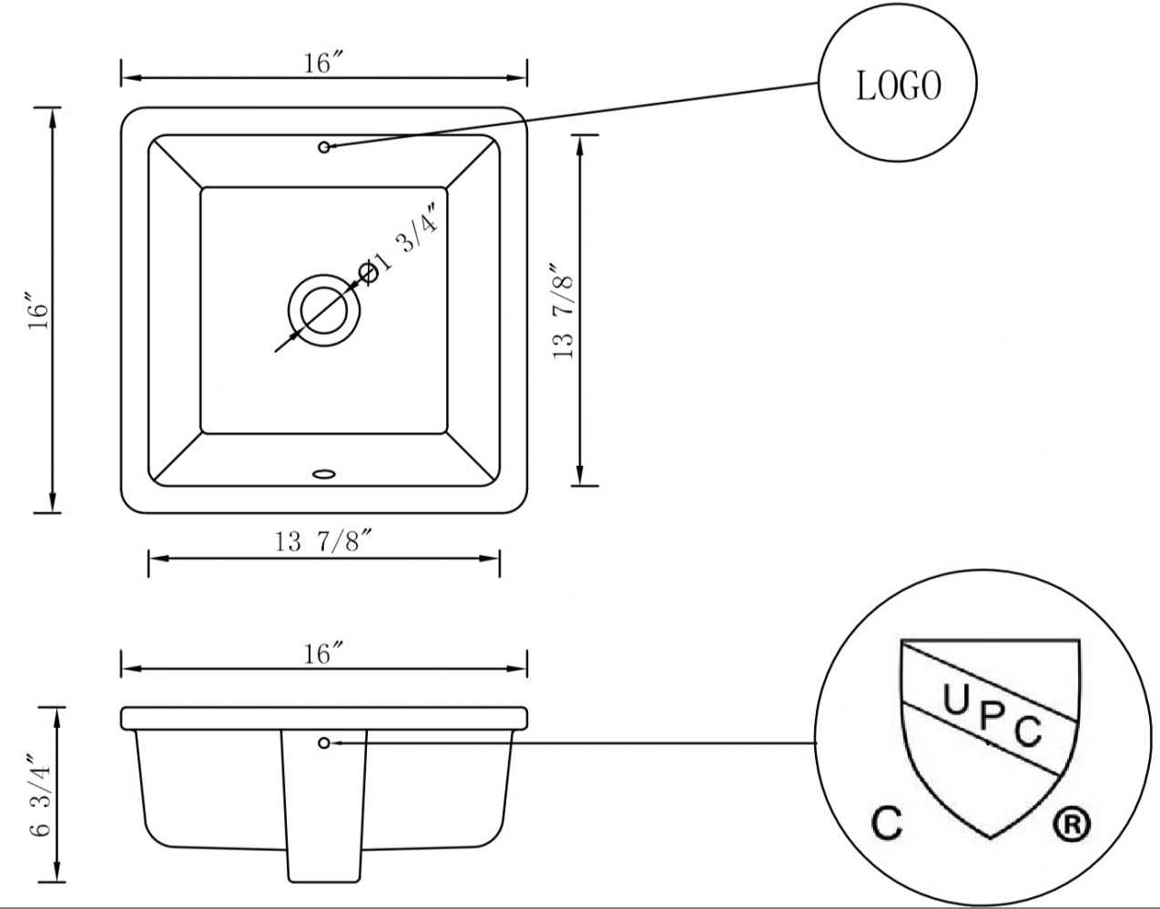 16-in. W CUPC Square Bathroom Undermount Sink Set In White - Chrome Hardware - Overflow Drain Incl.
