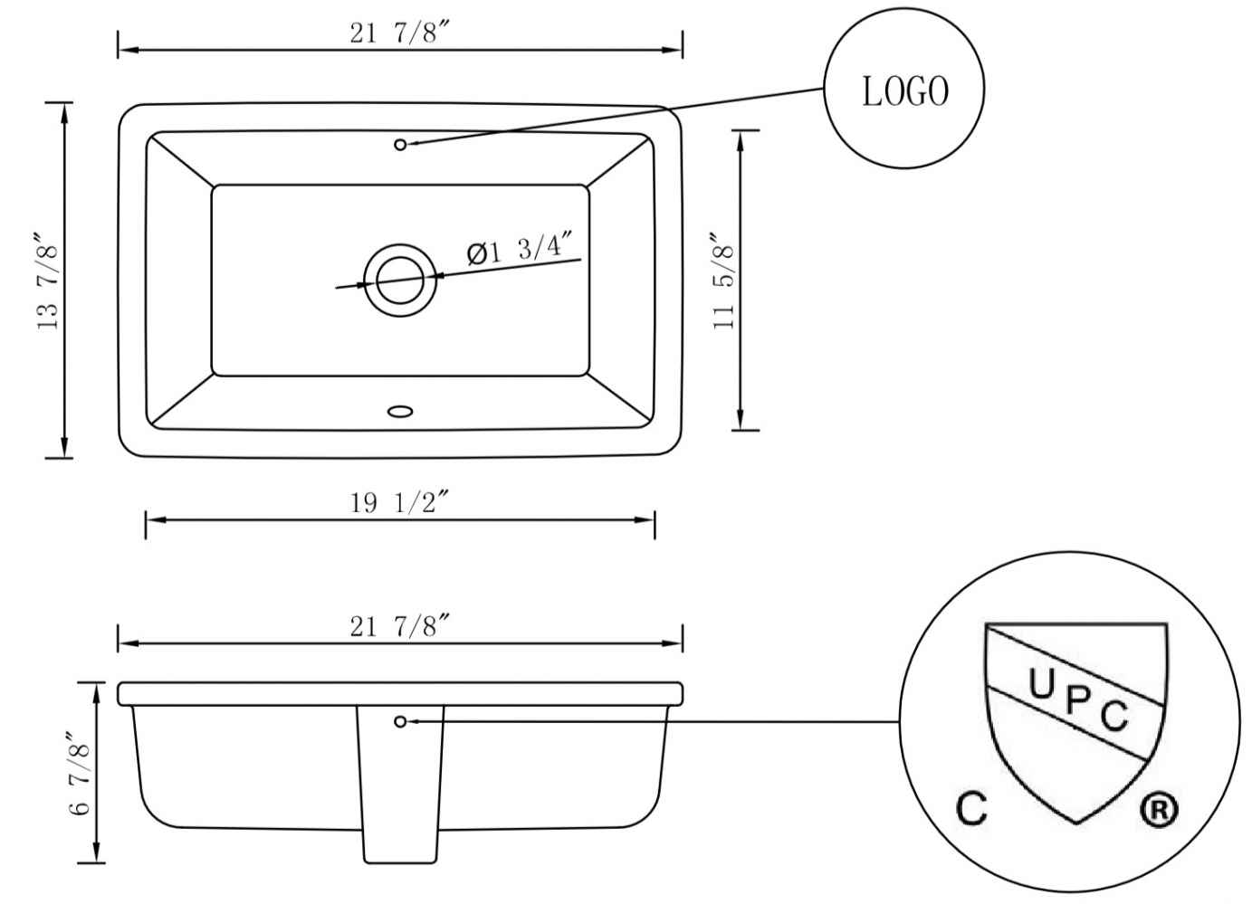 21.875-in. W CUPC Rectangle Bathroom Undermount Sink Set In White - Oil Rubbed Bronze Hardware - Overflow Drain Incl.