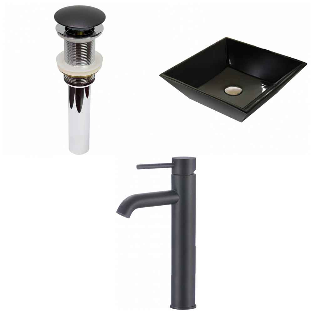 16.1-in. x 16.1-in. Square Bathroom Vessel Sink Set Black Enamel Glaze