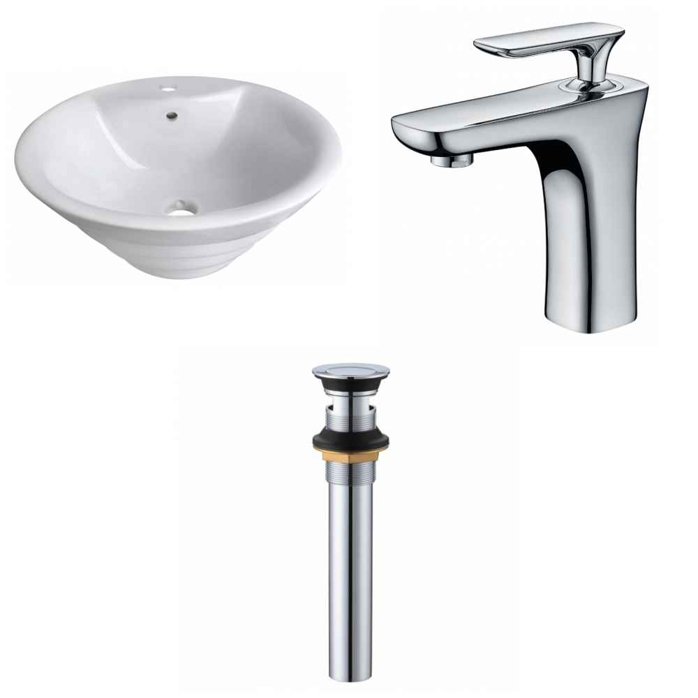 19.25-in. x 19.25-in. Round Bathroom Vessel Sink Set White Enamel Glaze