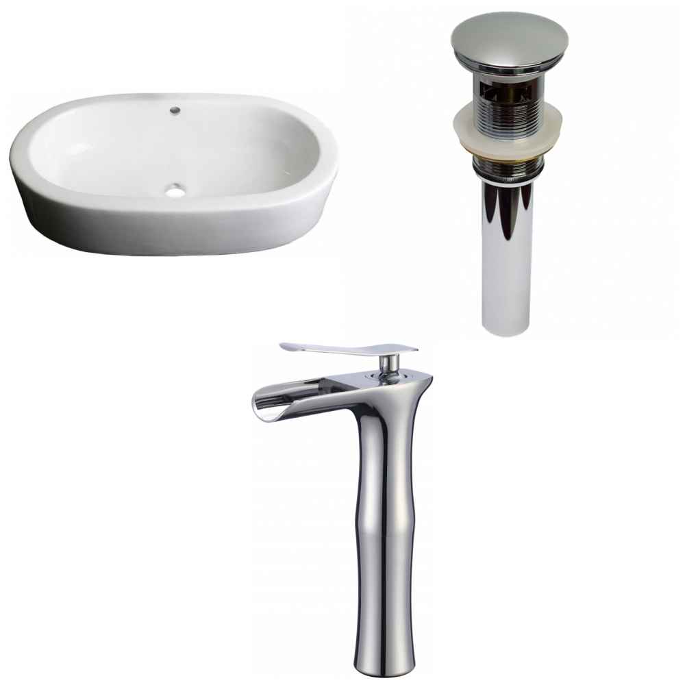 25.25-in. x 14.5-in. Oval Bathroom Vessel Sink Set White Enamel Glaze