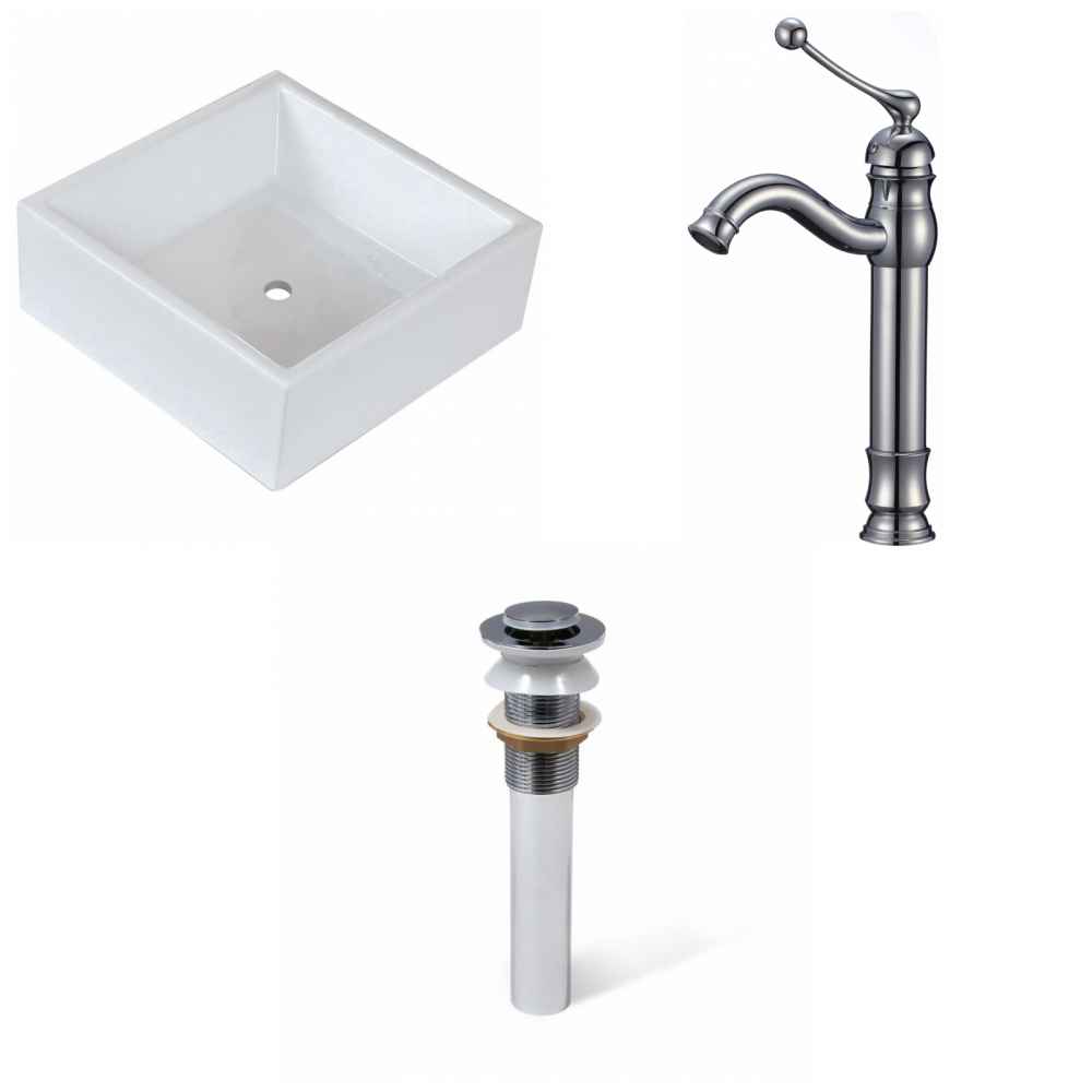 14.75-in. x 14.75-in. Square Bathroom Vessel Sink Set White Enamel Glaze