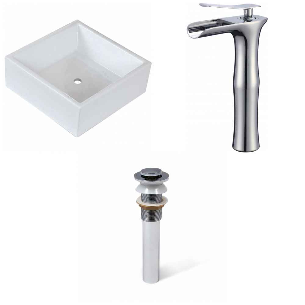 14.75-in. x 14.75-in. Square Bathroom Vessel Sink Set White Enamel Glaze