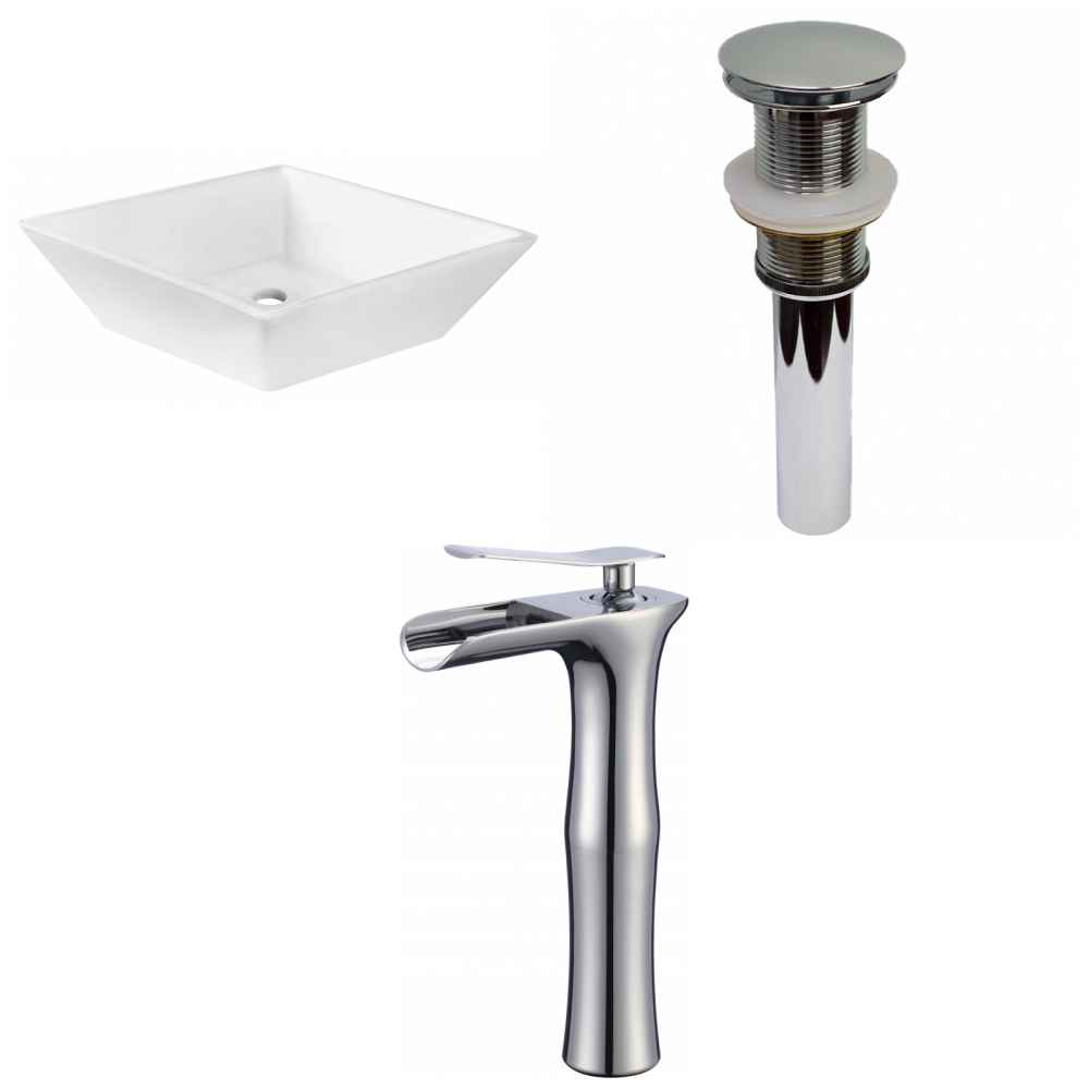 15.75-in. x 15.75-in. Square Bathroom Vessel Sink Set White Enamel Glaze