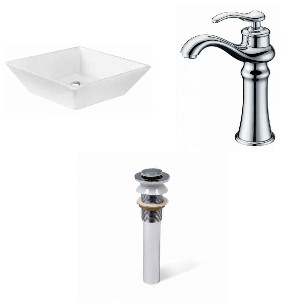 15.75-in. x 15.75-in. Square Bathroom Vessel Sink Set White Enamel Glaze