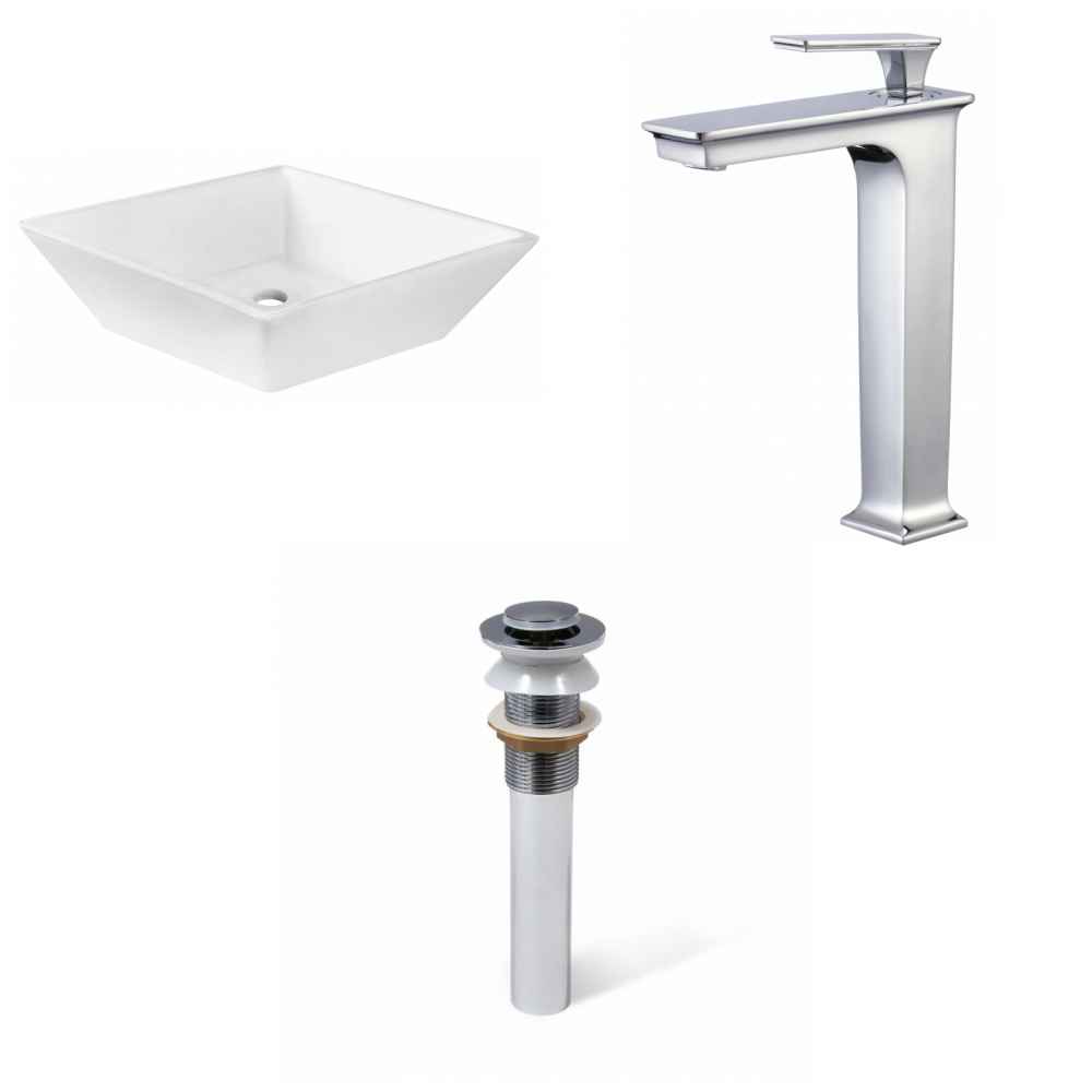 15.75-in. x 15.75-in. Square Bathroom Vessel Sink Set White Enamel Glaze