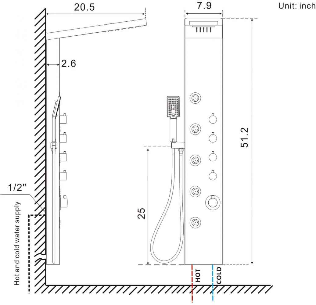 7.87-in. x 52-in. Shower Panel Brushed Stainless Steel Stainless Steel CUPC