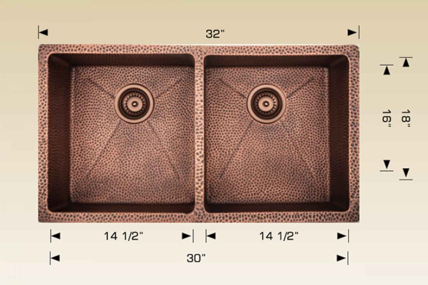 32-in. W CSA Approved Copper Kitchen Sink With 2 Bowl And 16 Gauge