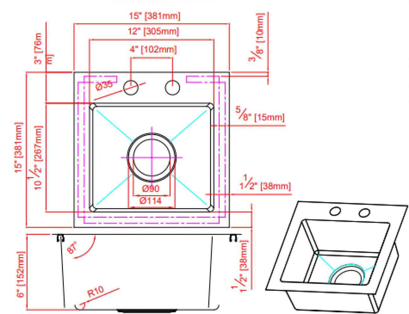 15-in. W CSA Approved Stainless Steel Laundry Sink With 1 Bowl And 18 Gauge