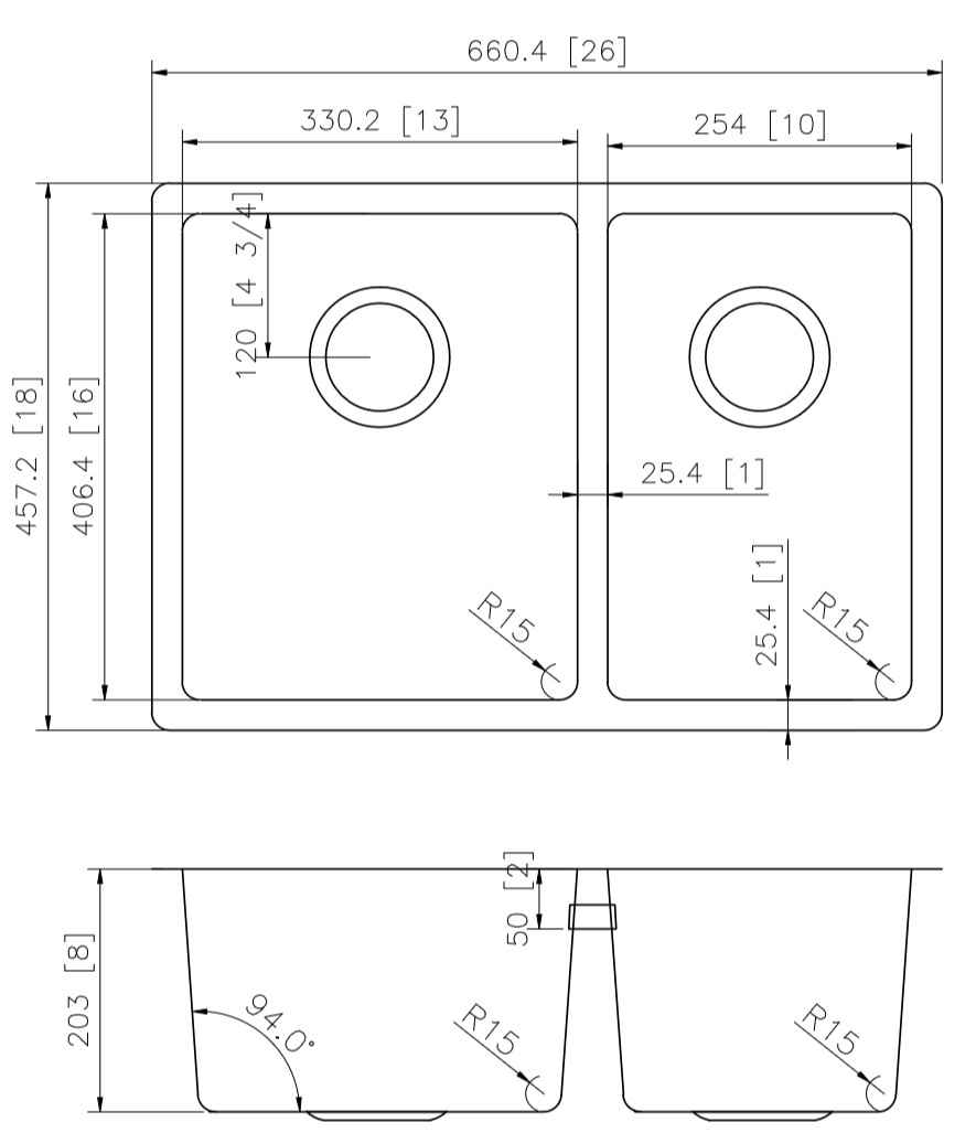 26-in. W CSA Approved Stainless Steel Kitchen Sink With 2 Bowl And 18 Gauge