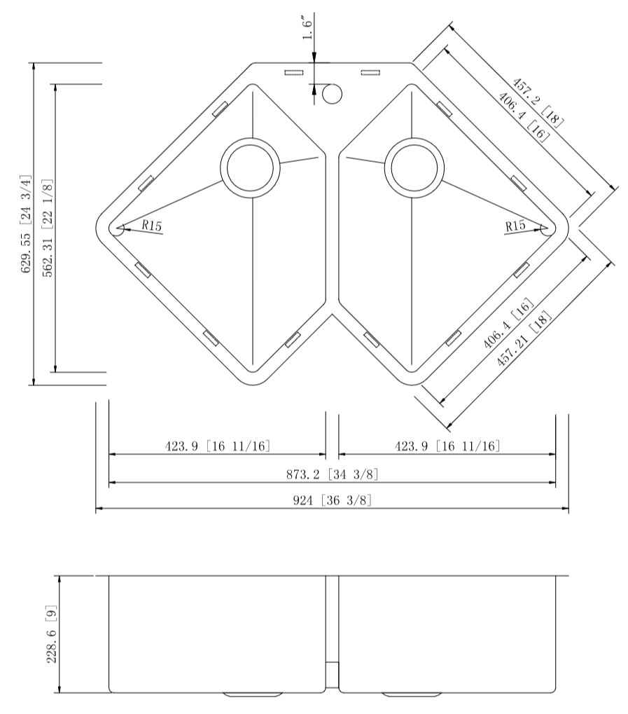 36.375-in. W CSA Approved Stainless Steel Kitchen Sink With 2 Bowl And 16 Gauge