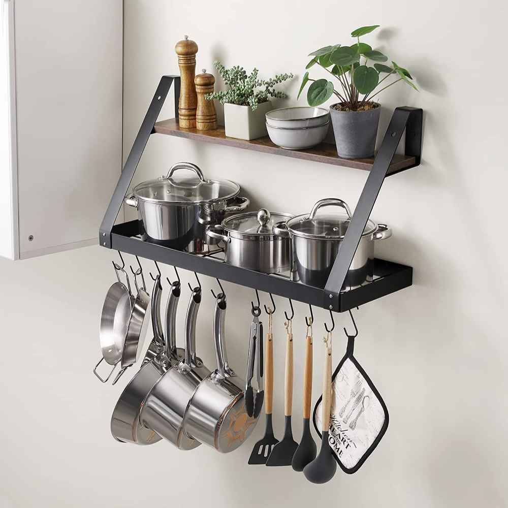 29.5 in. x 9.9 in. x 15.4 in. Wood-Stainless Steel-Iron-Plastic Kitchen Pot-Pan Organizer