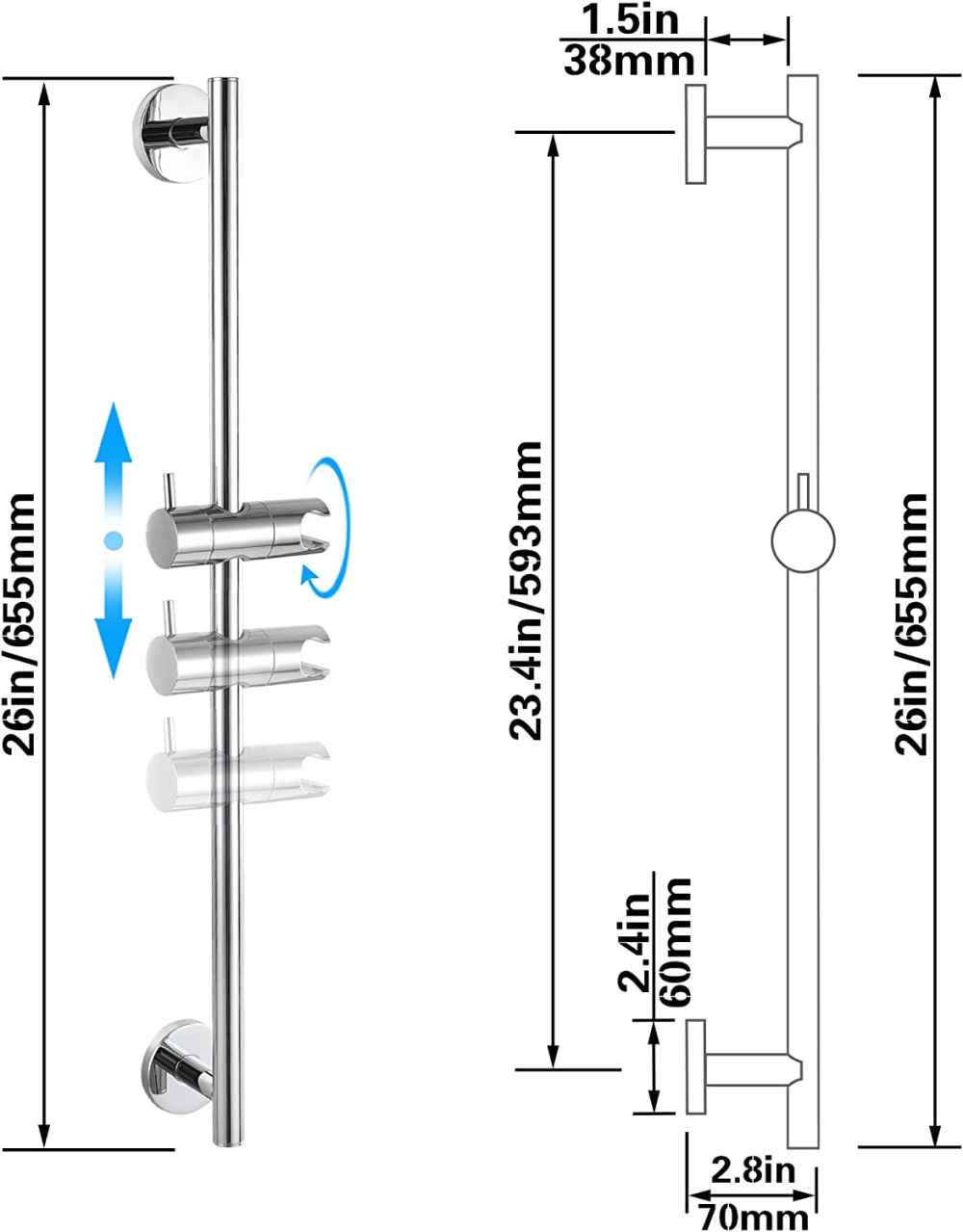 5-in. x 26-in. Shower Slide Bar Chrome Stainless Steel