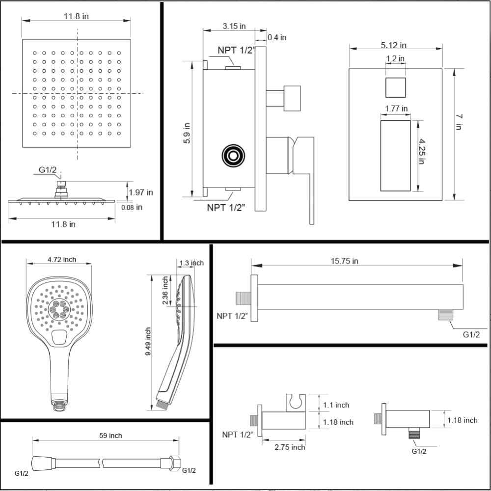 14.79-in. x 9.90-in. Shower Kit Brushed Nickel Stainless Steel CUPC