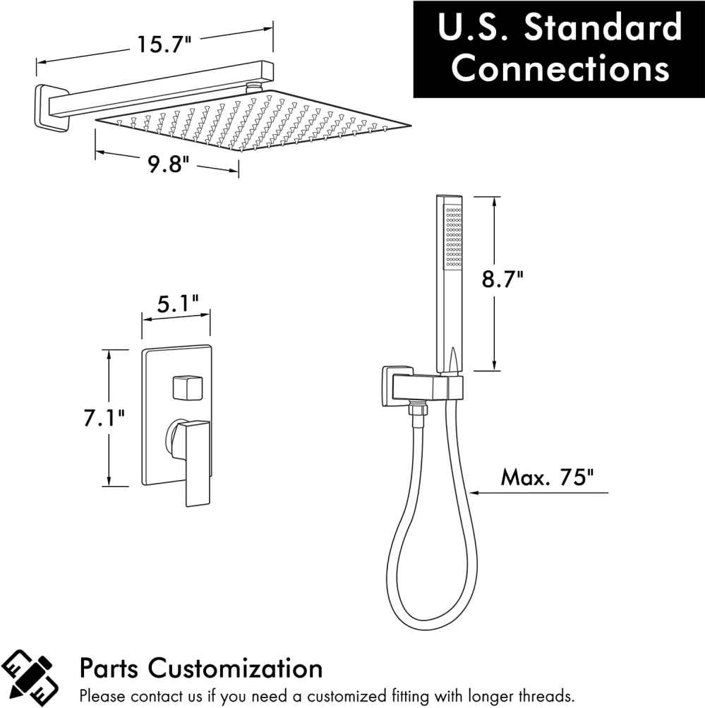 13.4-in. x 7-in. Shower Kit Matte Black Stainless Steel CUPC