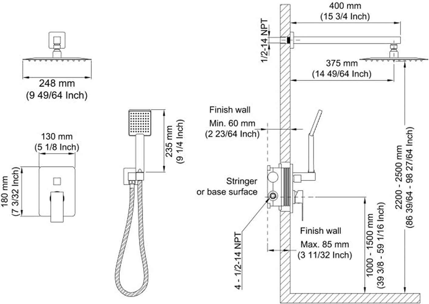 13.59-in. x 6.79-in. Shower Kit Black Stainless Steel CUPC
