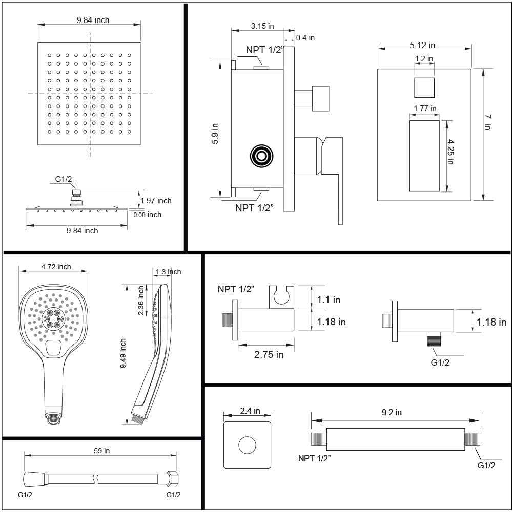 14.40-in. x 9.7-in. Shower Kit Brushed Nickel Stainless Steel CUPC
