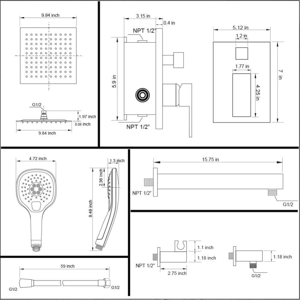 14.5-in. x 10.09-in. Shower Kit Brushed Nickel Stainless Steel-Brass CUPC