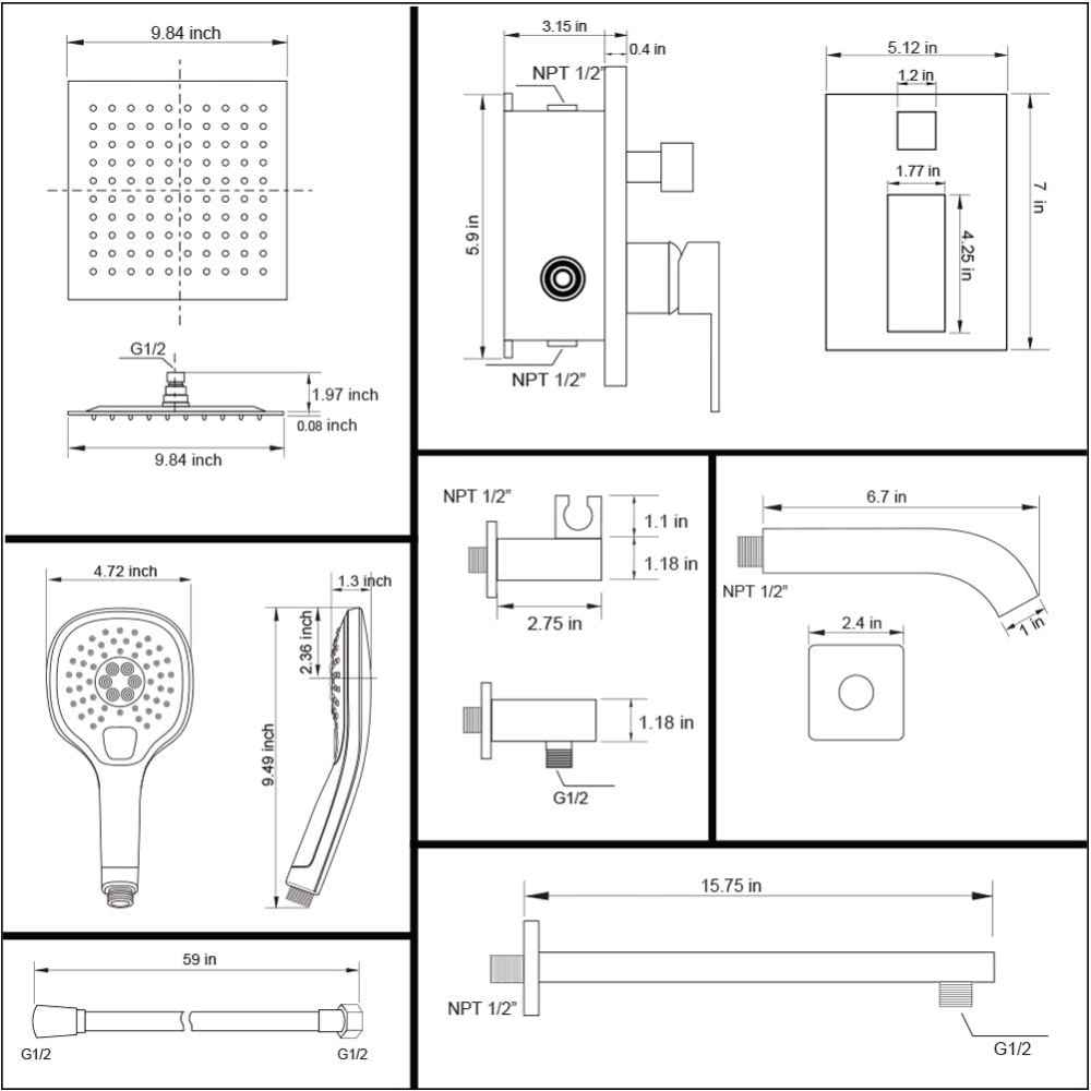 14.40-in. x 9.92-in. Shower Kit Black Stainless Steel CUPC