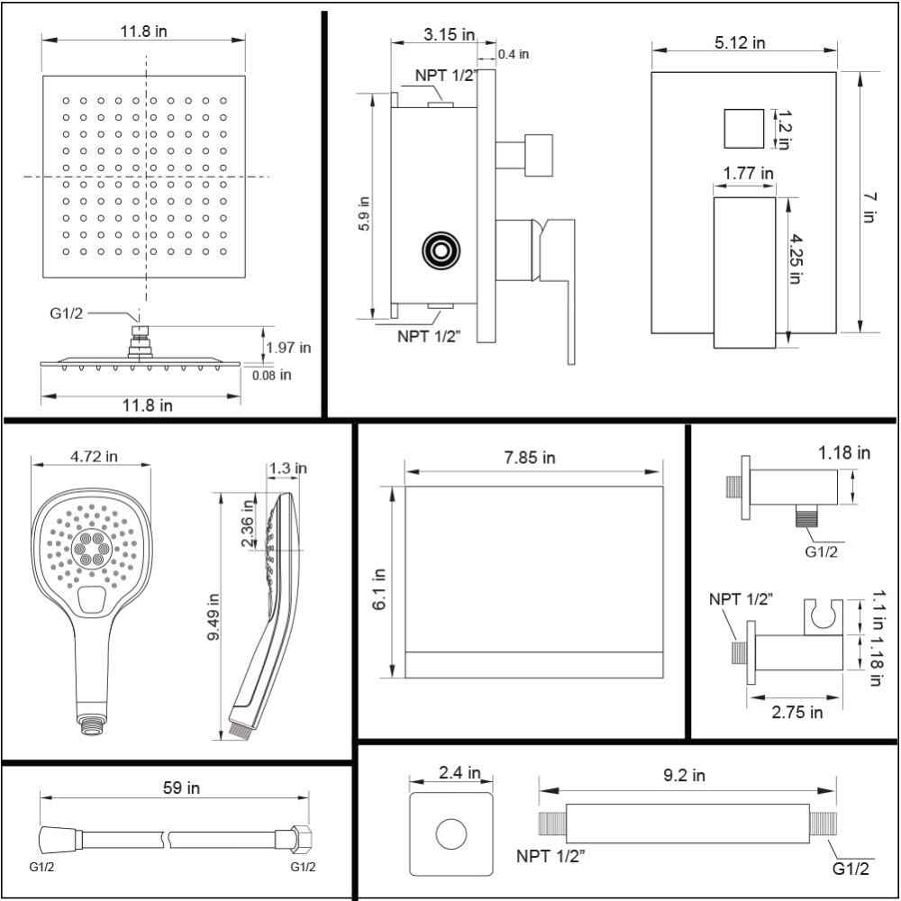 15-in. x 10-in. Shower Kit Black Stainless Steel CUPC