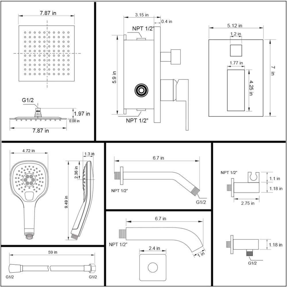 12.27-in. x 6.77-in. Shower Kit Chrome Stainless Steel-Brass CUPC