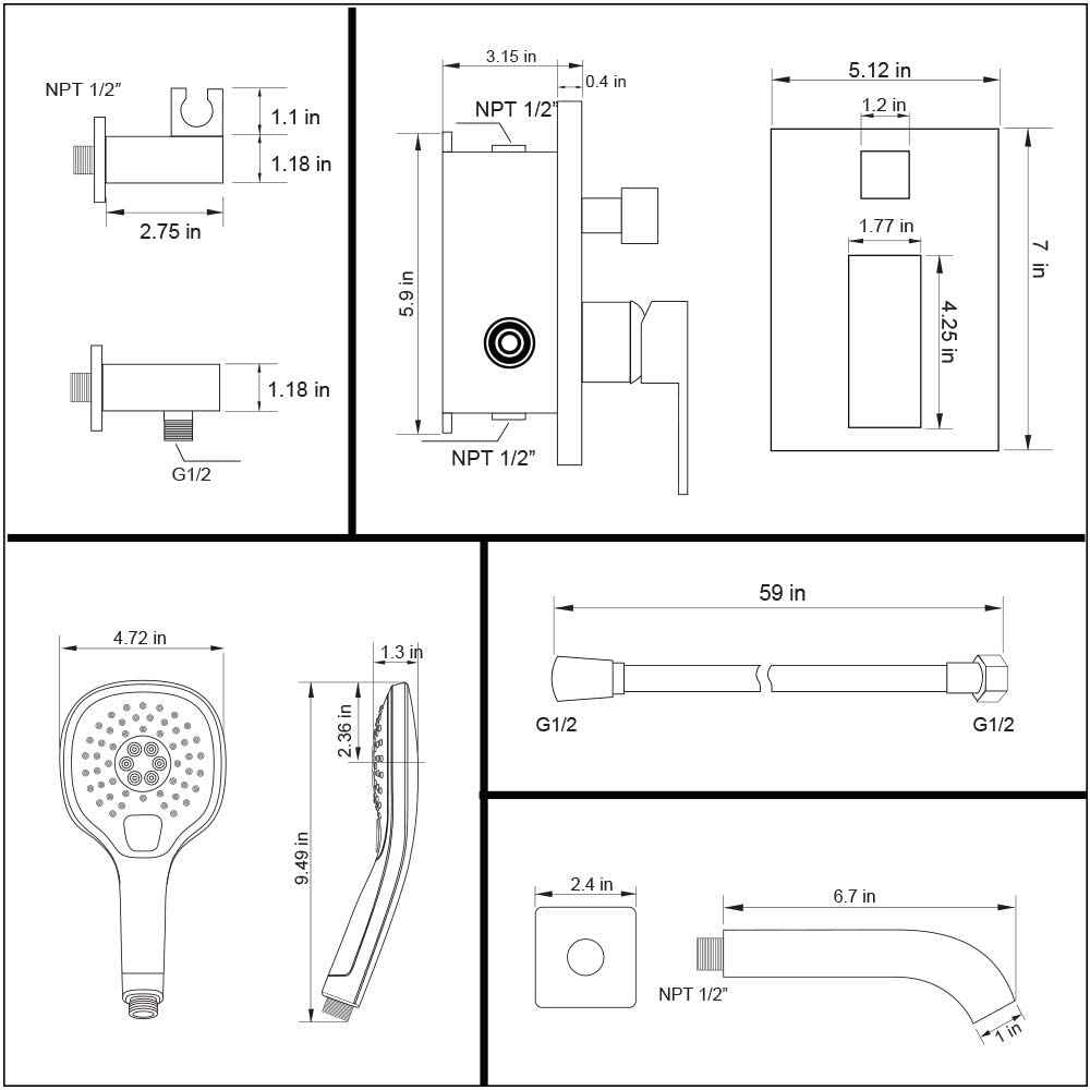 12.16-in. x 6.5-in. Shower Kit Chrome Brass