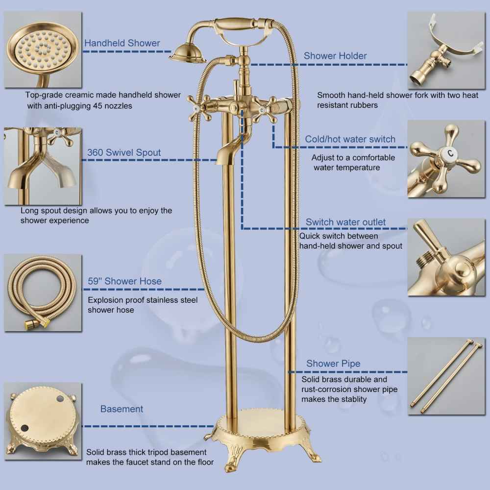 2 Hole Brushed Bathtub Shower Faucet Gold Brass-Ceramic