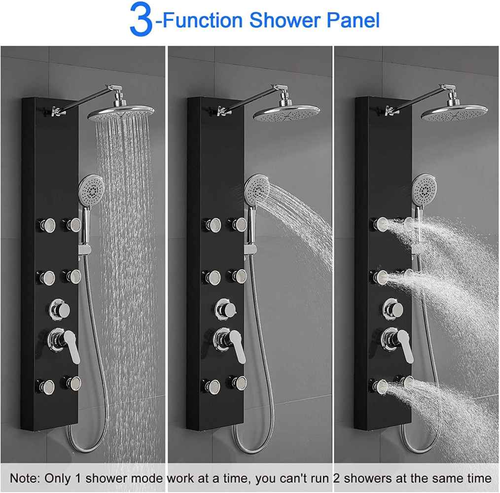 7.8-in. x 43.3-in. Shower Panel Black-Chrome Stainless Steel-Brass