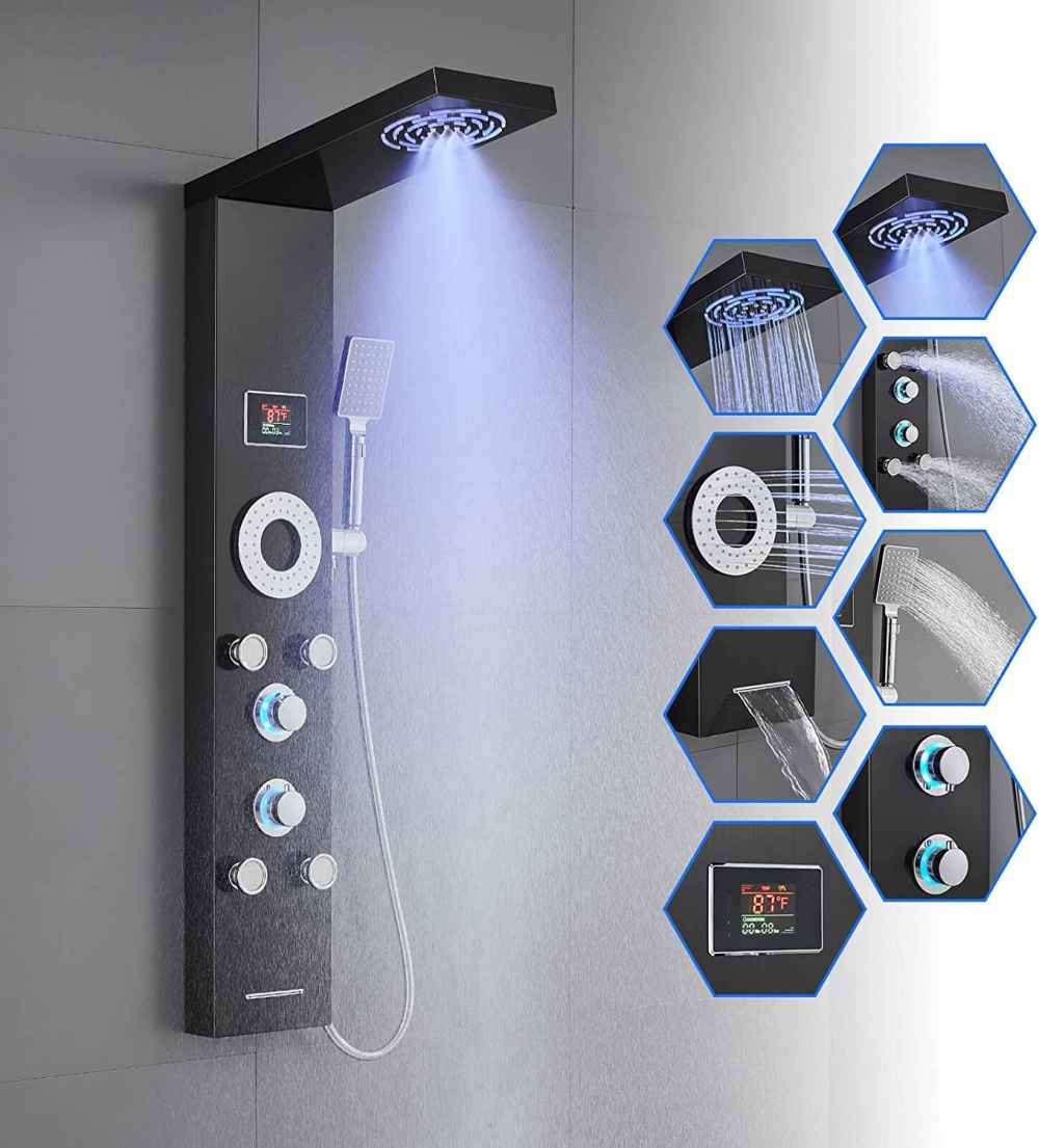 7.8-in. x 4.08-in. Shower Panel Black-Chrome Stainless Steel-Brass