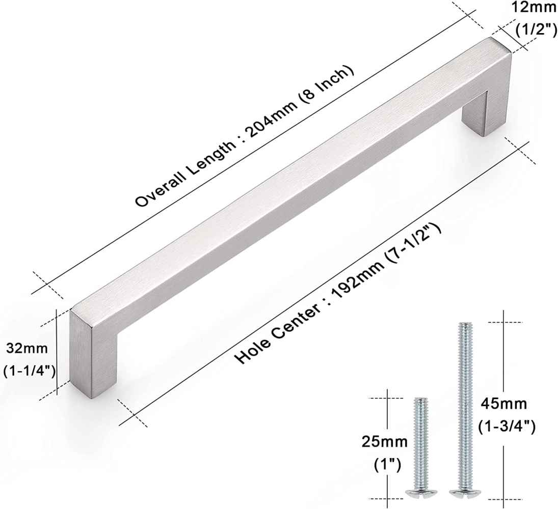 8-in. x 1.25-in. Stainless Steel Cabinet Cabinet Handle In Brushed Nickel