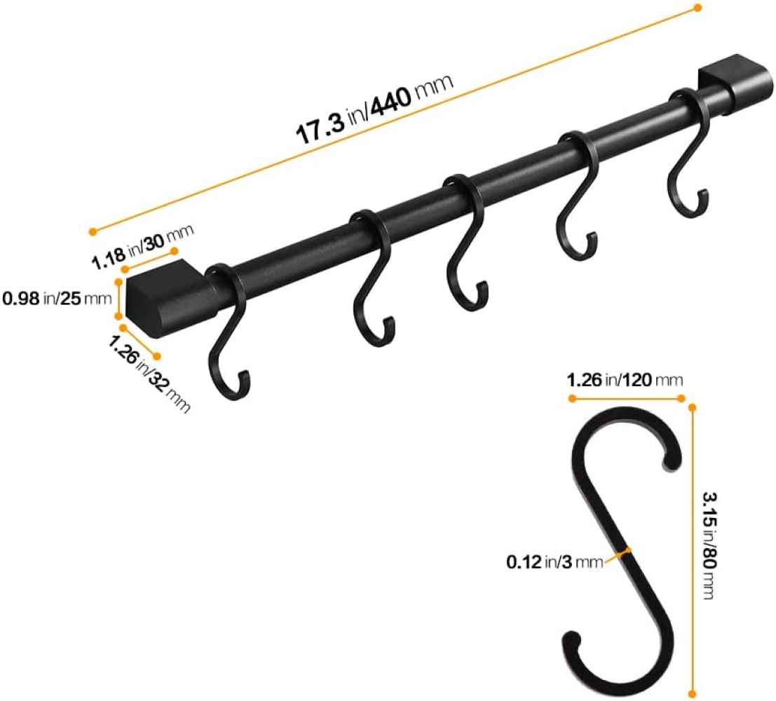 3.14-in. x 1.25-in. Aluminum Wall Mount Kitchen rail with Hooks In Black