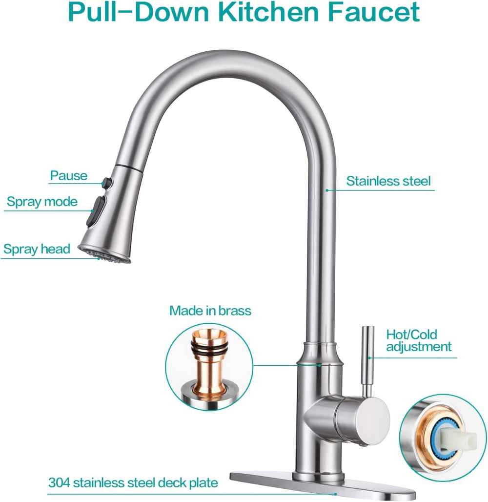 1 Hole  Brushed Kitchen Sink Faucet Brushed Nickel Stainless Steel