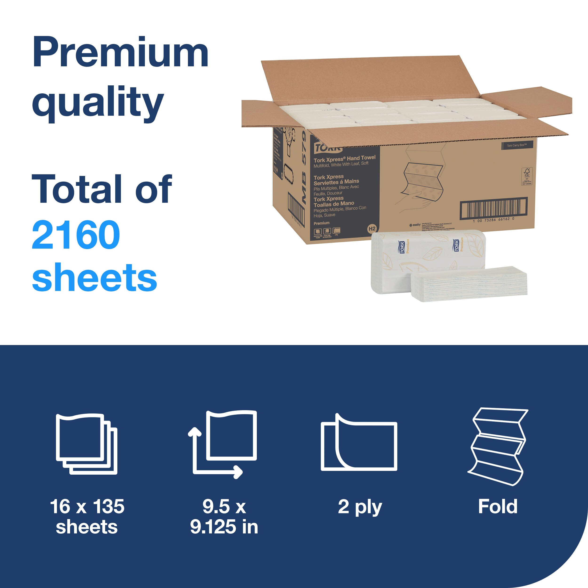 Tork Xpress Folded Paper Towel H2 9.5X9.125 IN 9.125X3.2 IN White