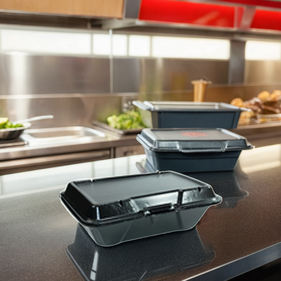 Take-Out Container Hinged 9X6X3 IN Polystyrene Foam Black Vented