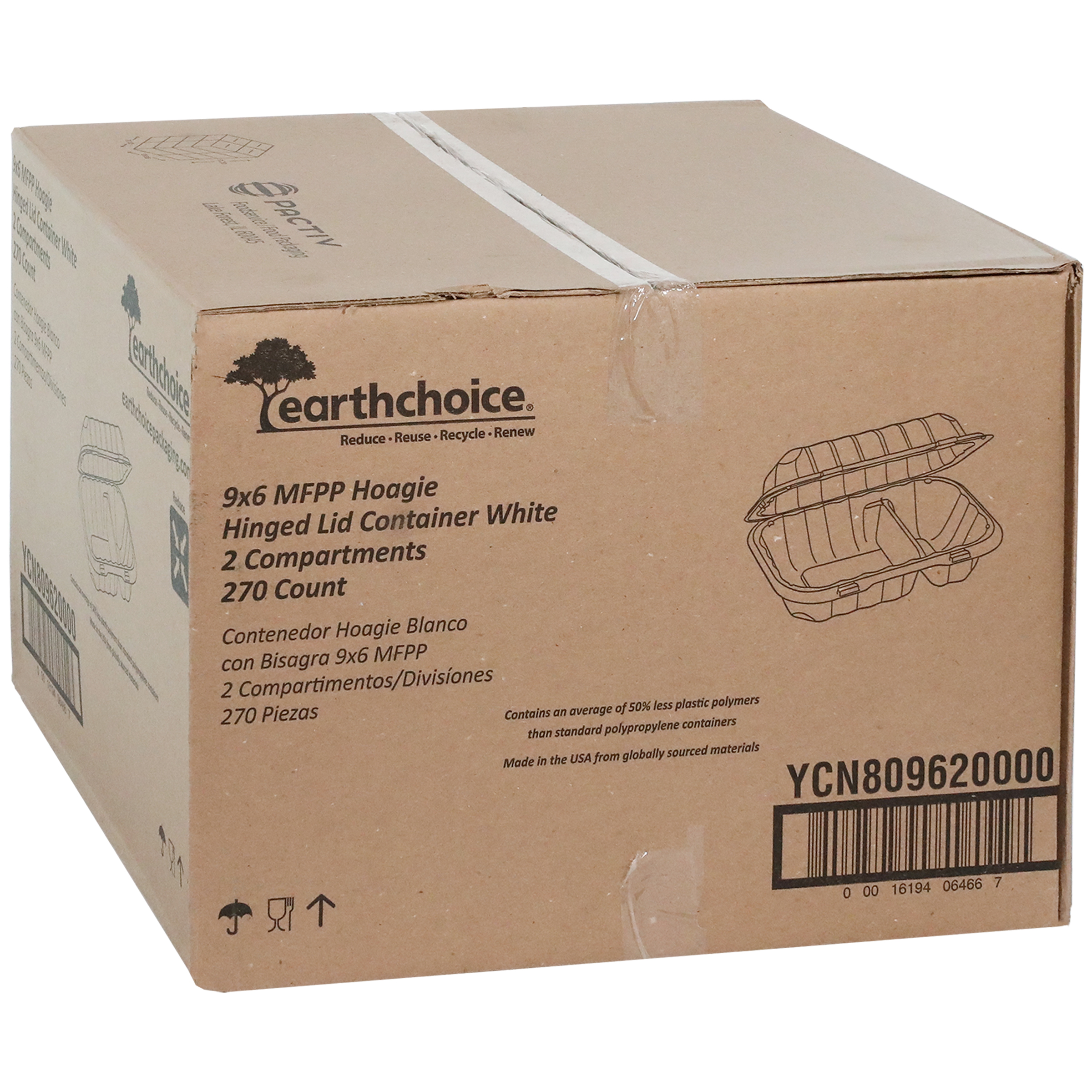 EarthChoice® Take-Out Container Hinged 9X6X3 IN 2 Compartment MFPP