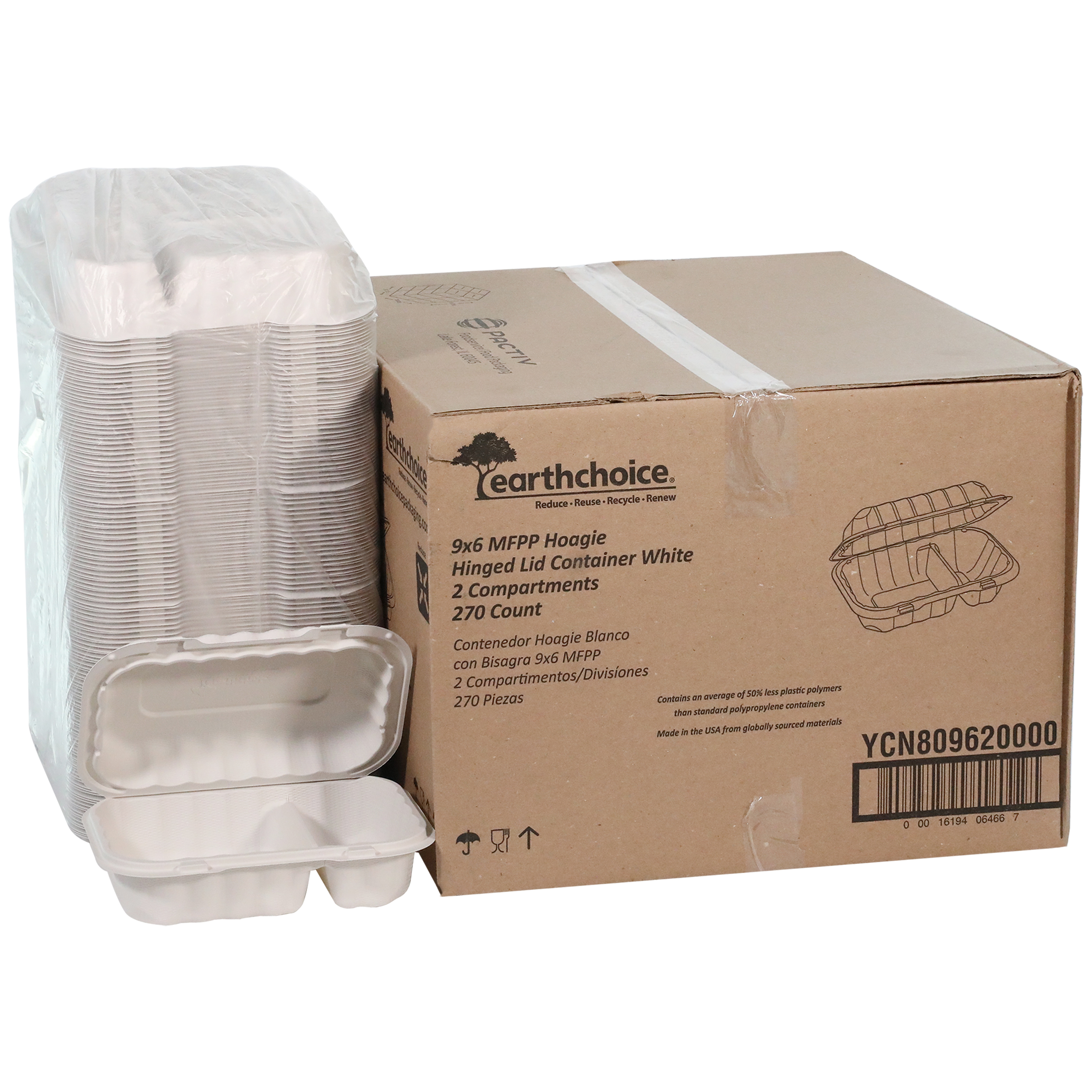 EarthChoice® Take-Out Container Hinged 9X6X3 IN 2 Compartment MFPP