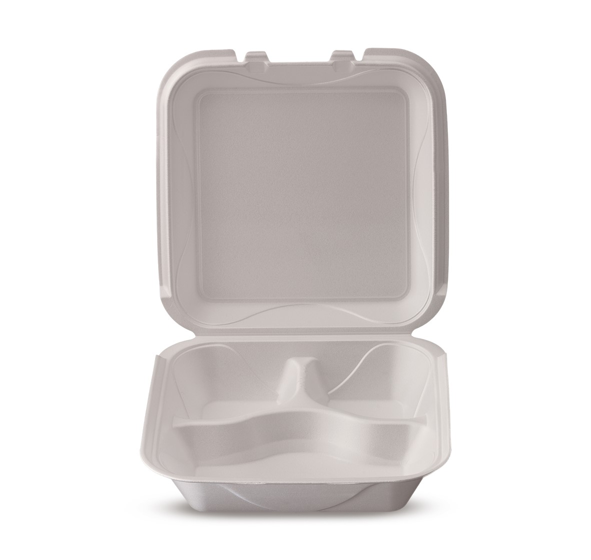 Take-Out Container Hinged 9X9X3.1 IN 3 Compartment Polystyrene